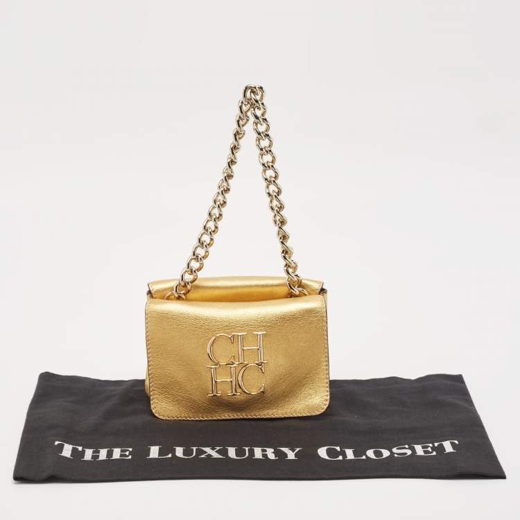 Pre Owned Carolina Herrera Gold Leather Double Flap Chain Bag