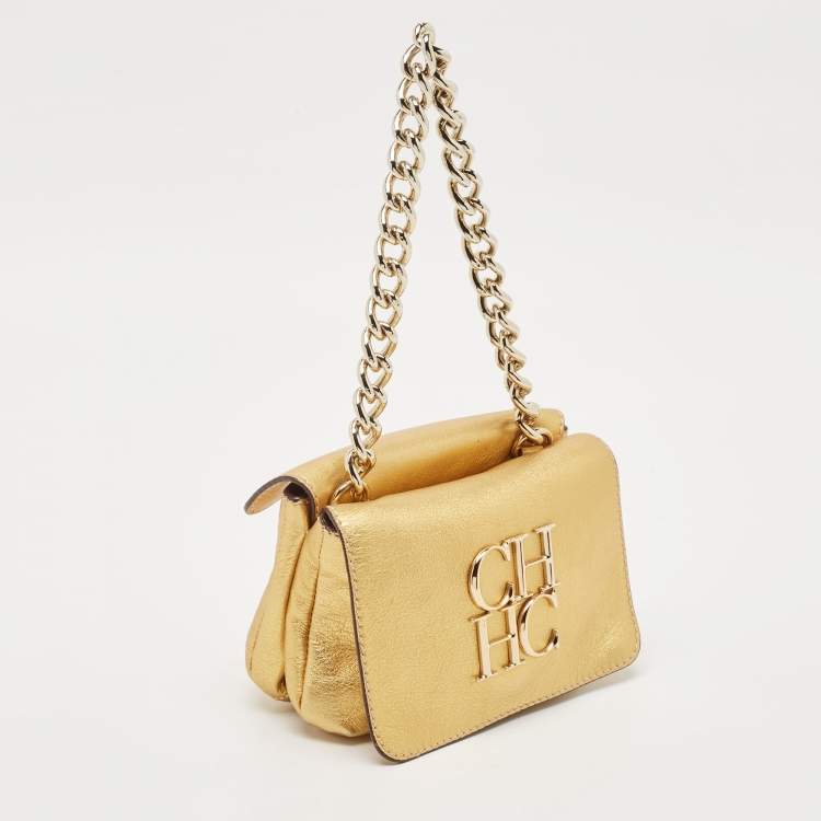Pre Owned Carolina Herrera Gold Leather Double Flap Chain Bag