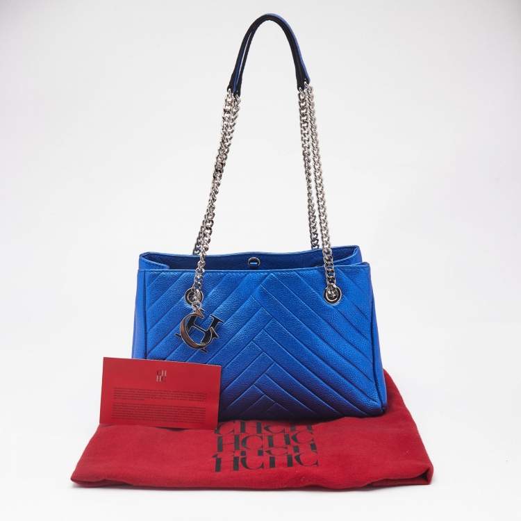 Pre Owned Carolina Herrera Blue Quilted Leather Logo Charm Chain Tote