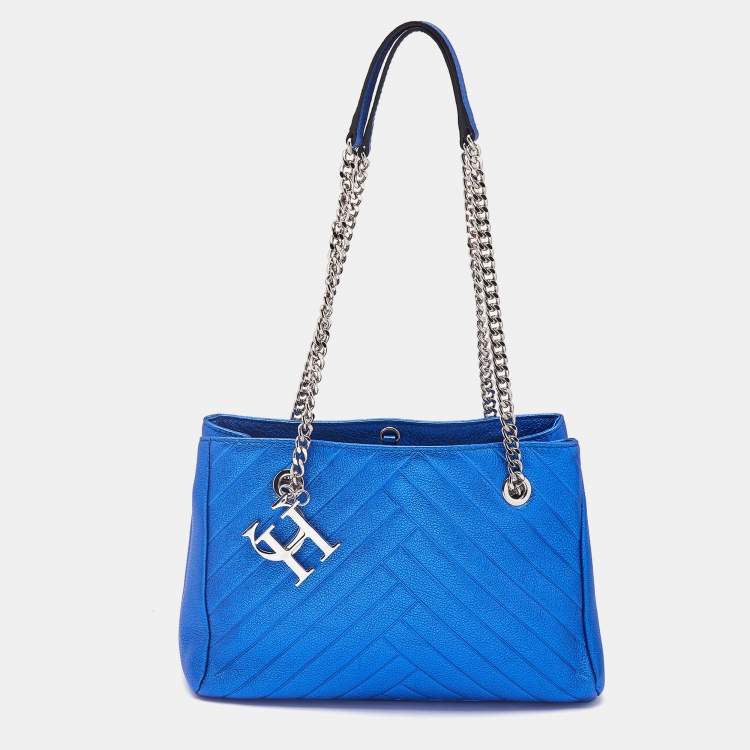 Pre Owned Carolina Herrera Blue Quilted Leather Logo Charm Chain Tote