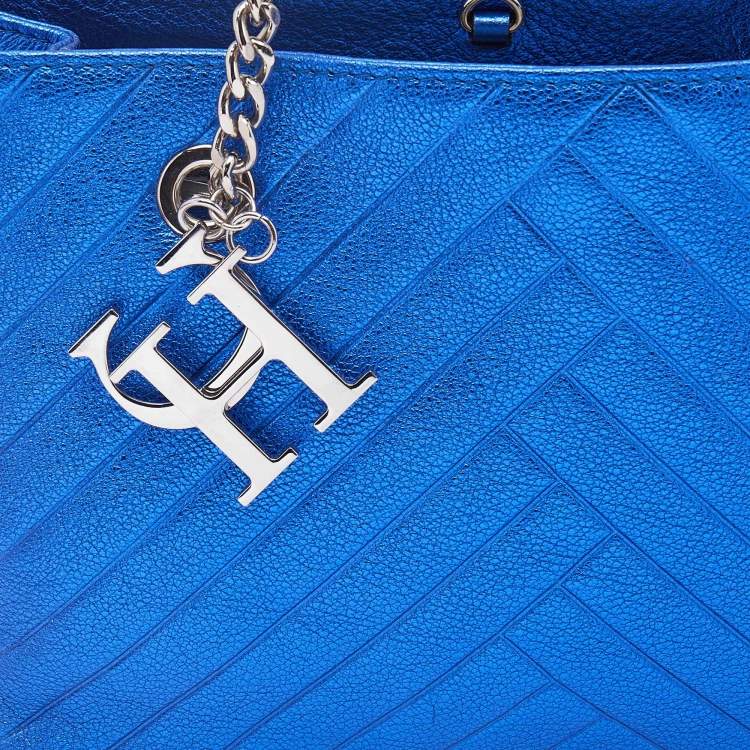 Pre Owned Carolina Herrera Blue Quilted Leather Logo Charm Chain Tote