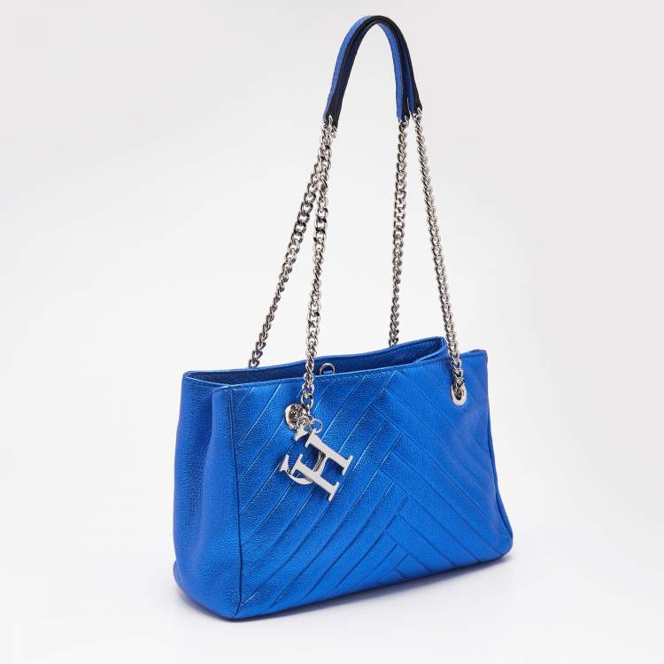 Pre Owned Carolina Herrera Blue Quilted Leather Logo Charm Chain Tote