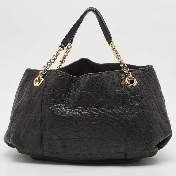Pre Owned Carolina Herrera Black Monogram Embossed Leather Chain Hobo