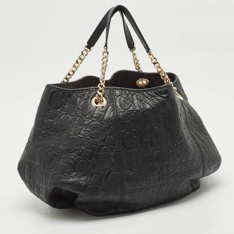 Pre Owned Carolina Herrera Black Monogram Embossed Leather Chain Hobo