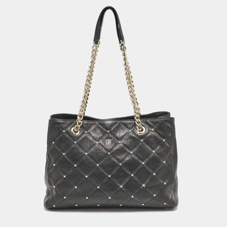 Pre Owned Carolina Herrera Black Logo Embossed Quilted Leather Studded Chain Tote
