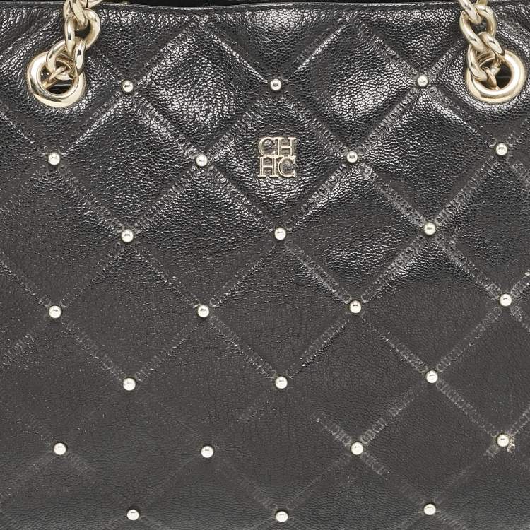 Pre Owned Carolina Herrera Black Logo Embossed Quilted Leather Studded Chain Tote