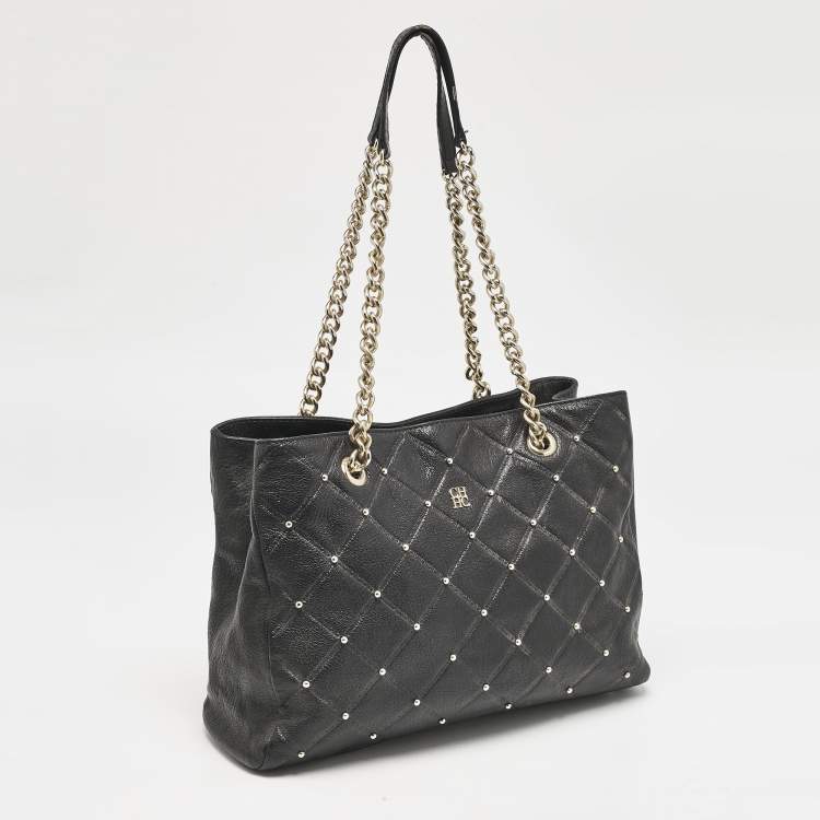 Pre Owned Carolina Herrera Black Logo Embossed Quilted Leather Studded Chain Tote