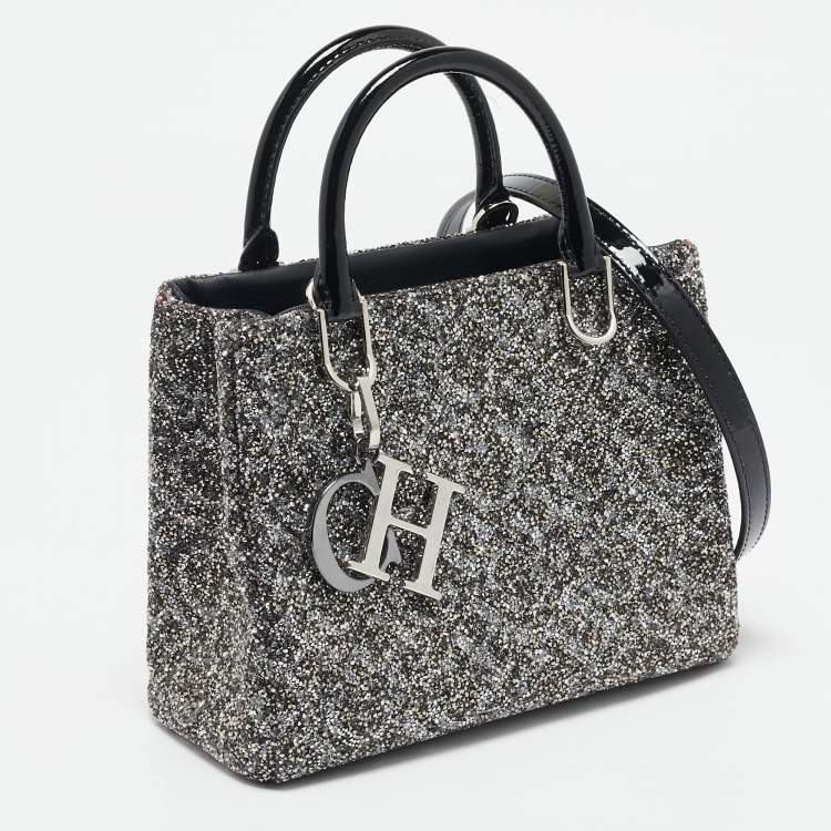 Pre Owned Carolina Herrera Grey Glitter and Patent Leather Mini Duchess Tote