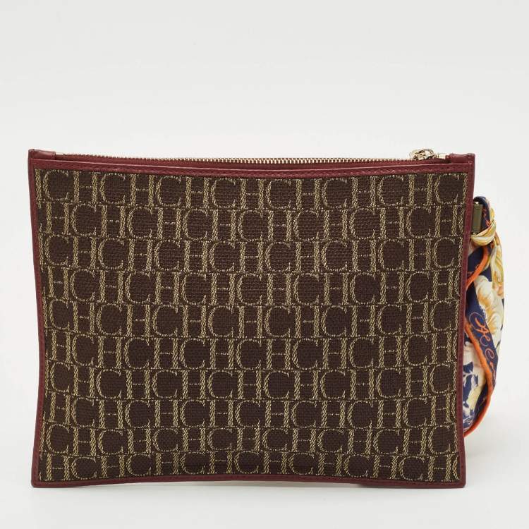 Pre Owned Carolina Herrera Brown Monogram Canvas and Leather Scarf Flat Pouch