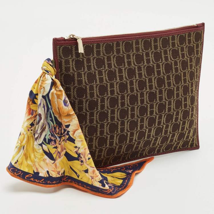 Pre Owned Carolina Herrera Brown Monogram Canvas and Leather Scarf Flat Pouch