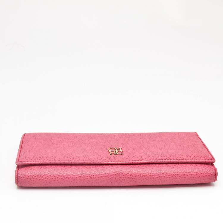Pre Owned Carolina Herrera Pink Leather Flap Trifold Continental Wallet