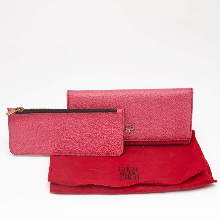 Pre Owned Carolina Herrera Pink Leather Flap Trifold Continental Wallet