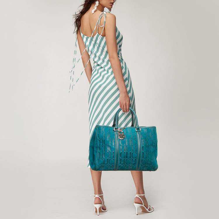 Pre Owned Carolina Herrera Teal Green Leather and Nubuck Matteo Tote