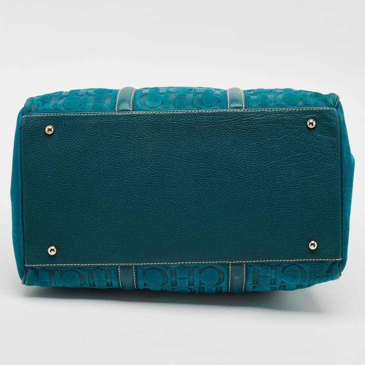 Pre Owned Carolina Herrera Teal Green Leather and Nubuck Matteo Tote