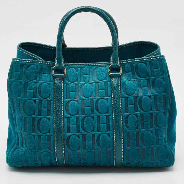 Pre Owned Carolina Herrera Teal Green Leather and Nubuck Matteo Tote