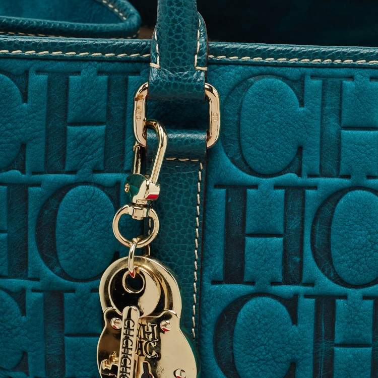 Pre Owned Carolina Herrera Teal Green Leather and Nubuck Matteo Tote