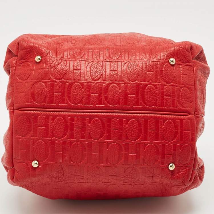 Pre Owned Carolina Herrera Red Monogram Embossed Leather Bow Bucket Shoulder Bag