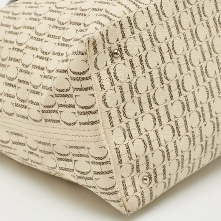 Pre Owned Carolina Herrera Brown/Off White Monogram Coated Canvas and Leather Shopper Tote