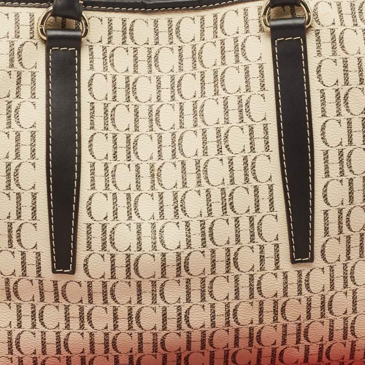 Pre Owned Carolina Herrera Brown/Off White Monogram Coated Canvas and Leather Shopper Tote