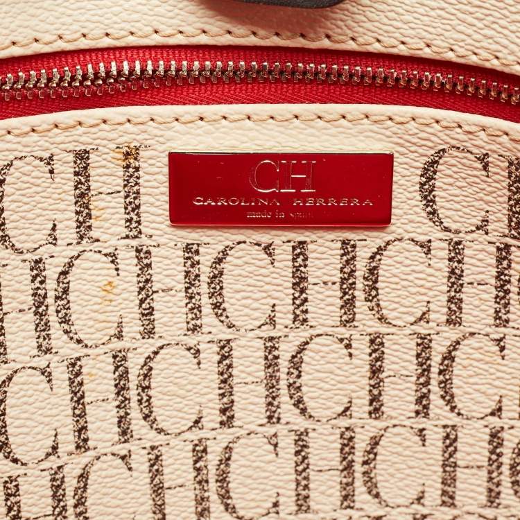 Pre Owned Carolina Herrera Brown/Off White Monogram Coated Canvas and Leather Shopper Tote