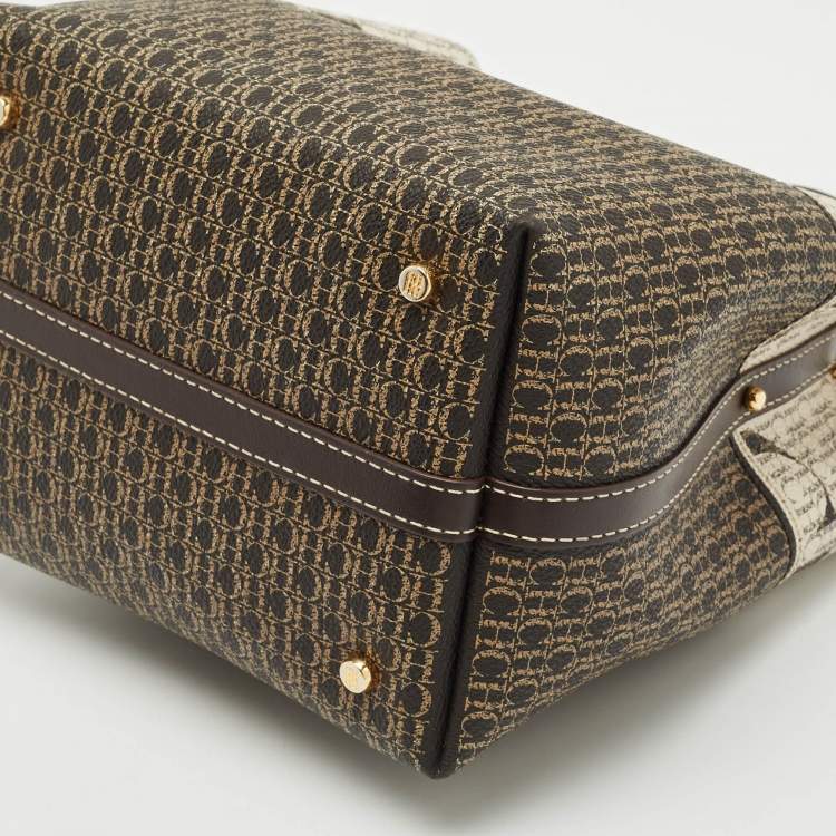 Pre Owned Carolina Herrera Brown/Beige Monogram Coated Canvas and Leather Matryoshka Padlock Tote