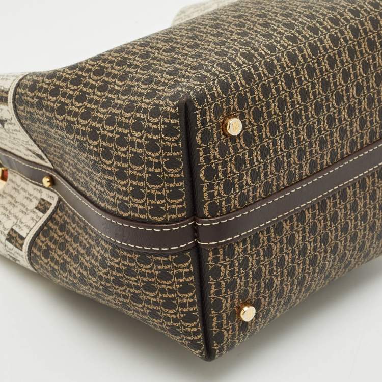 Pre Owned Carolina Herrera Brown/Beige Monogram Coated Canvas and Leather Matryoshka Padlock Tote