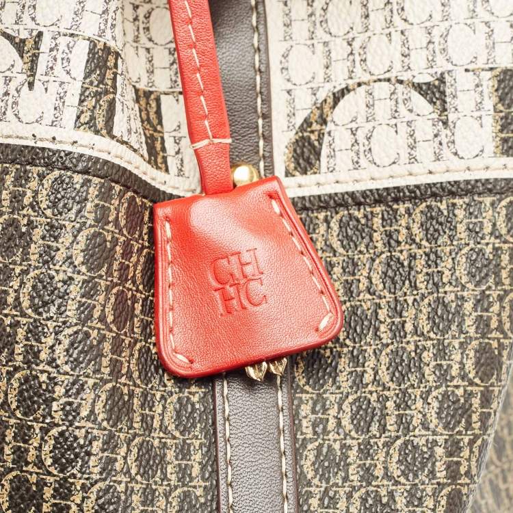 Pre Owned Carolina Herrera Brown/Beige Monogram Coated Canvas and Leather Matryoshka Padlock Tote