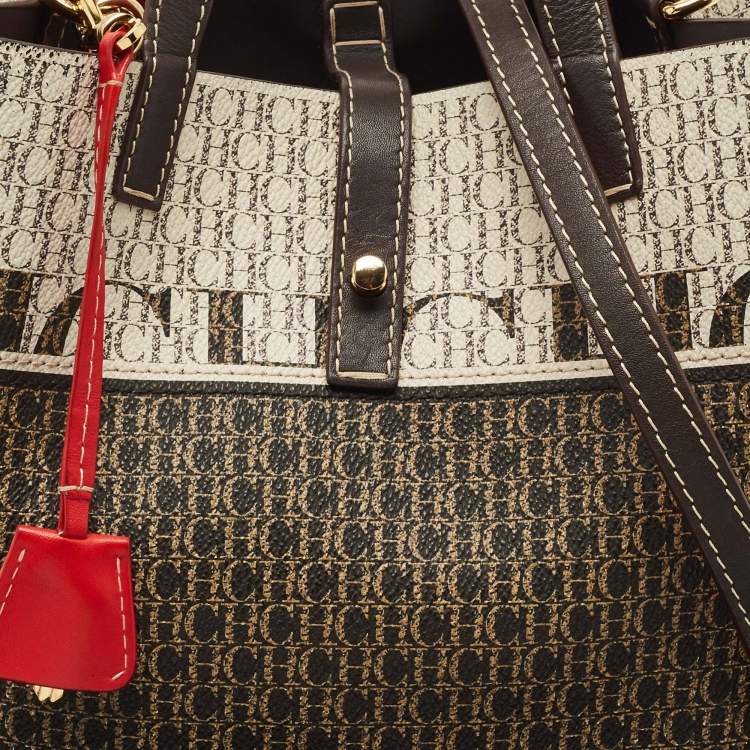 Pre Owned Carolina Herrera Brown/Beige Monogram Coated Canvas and Leather Matryoshka Padlock Tote