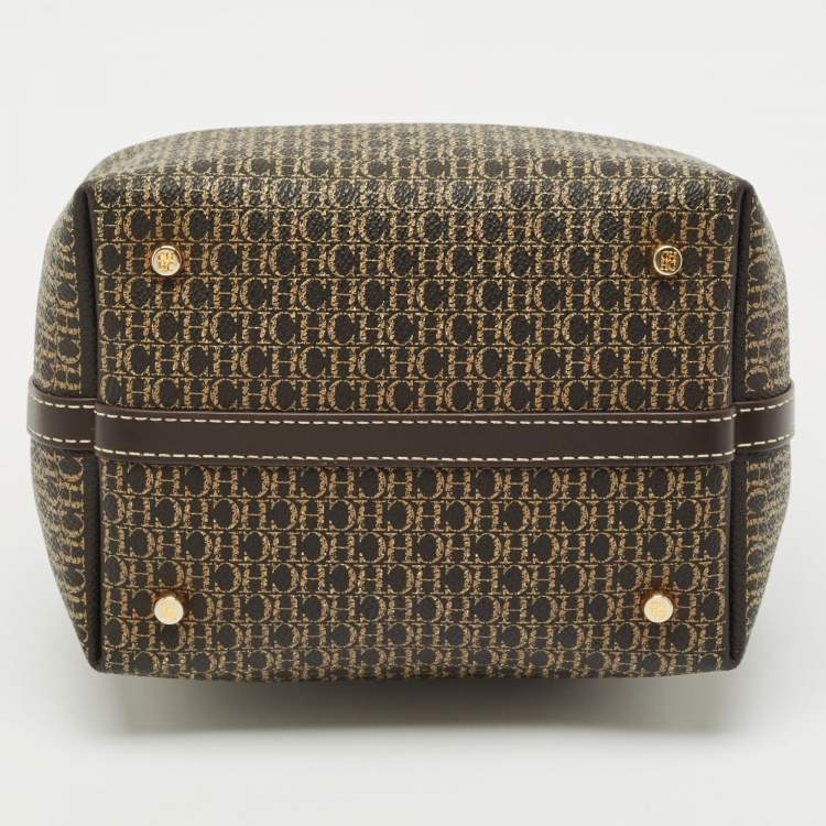 Pre Owned Carolina Herrera Brown/Beige Monogram Coated Canvas and Leather Matryoshka Padlock Tote