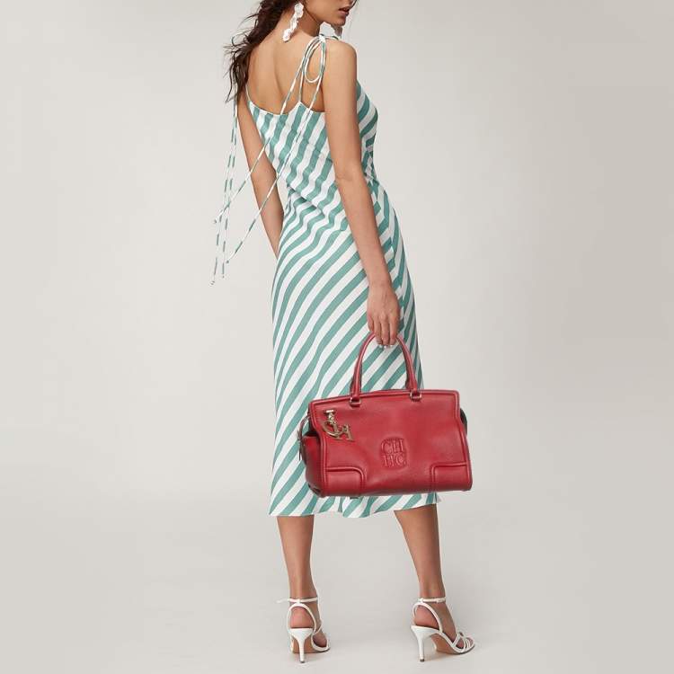 Pre Owned Carolina Herrera Red Leather CH Logo Charm Tote