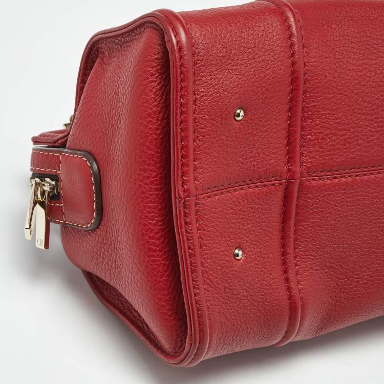 Pre Owned Carolina Herrera Red Leather CH Logo Charm Tote