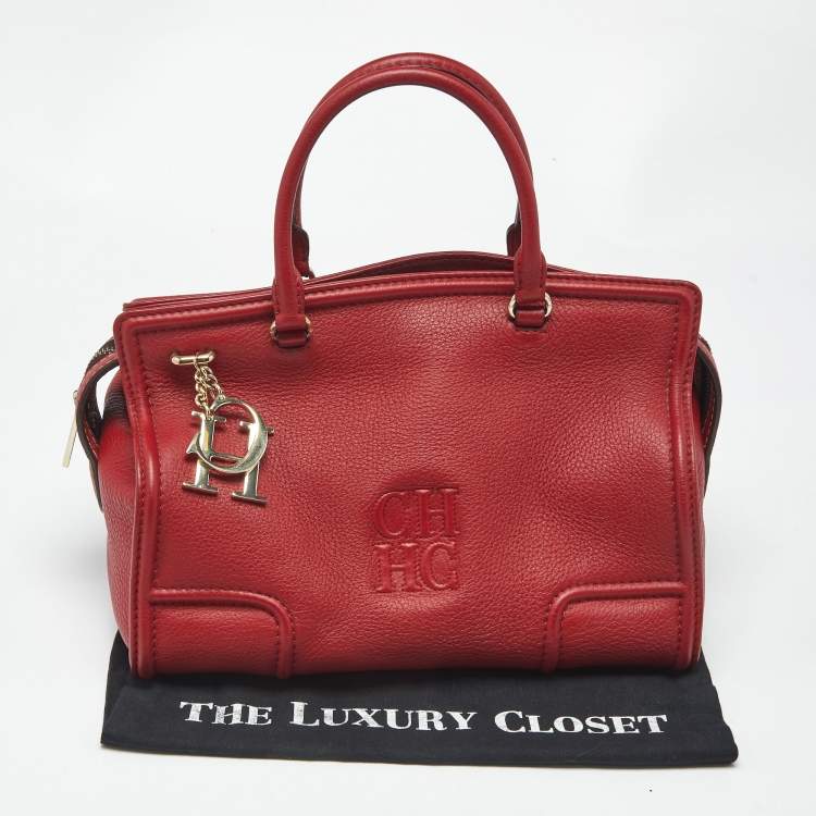 Pre Owned Carolina Herrera Red Leather CH Logo Charm Tote