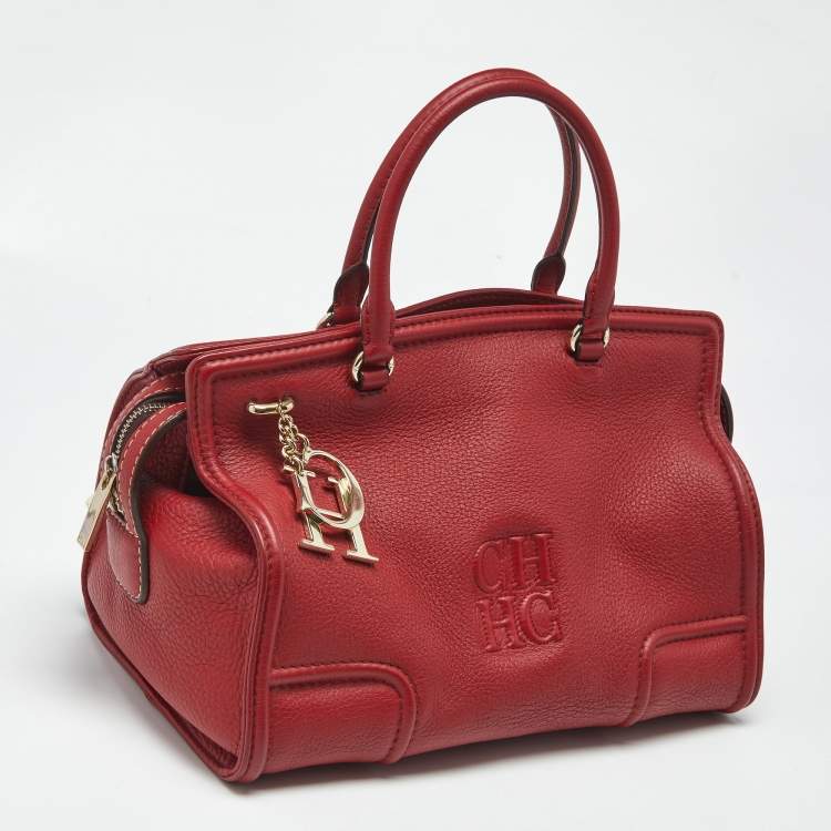 Pre Owned Carolina Herrera Red Leather CH Logo Charm Tote