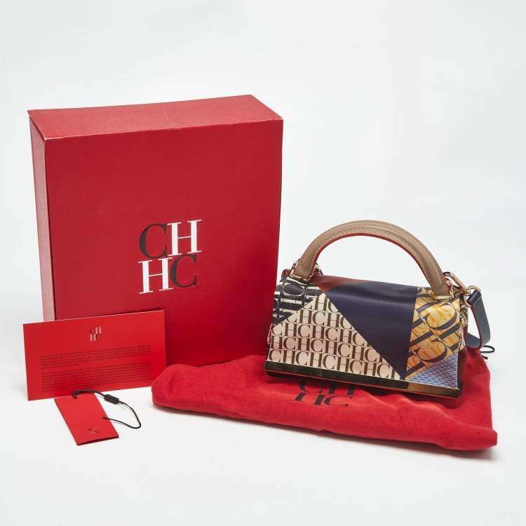 Pre Owned Carolina Herrera Multicolor Monogram Satin and Leather Metal Flap Top Handle Bag