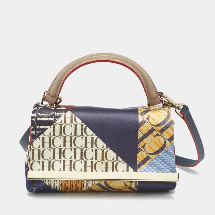Pre Owned Carolina Herrera Multicolor Monogram Satin and Leather Metal Flap Top Handle Bag