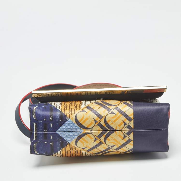 Pre Owned Carolina Herrera Multicolor Monogram Satin and Leather Metal Flap Top Handle Bag