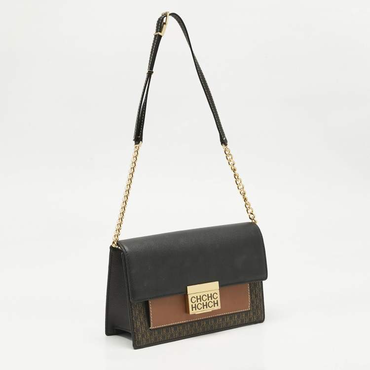 Pre Owned Carolina Herrera Black/Brown Monogram Coated Canvas and Leather CHHC Flap Shoulder Bag