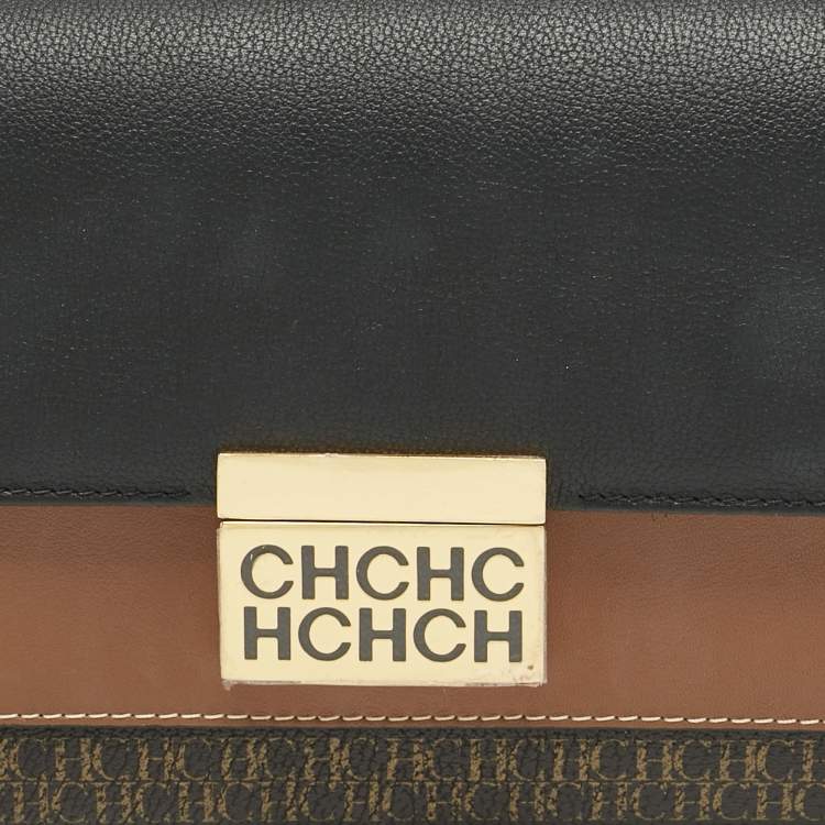 Pre Owned Carolina Herrera Black/Brown Monogram Coated Canvas and Leather CHHC Flap Shoulder Bag