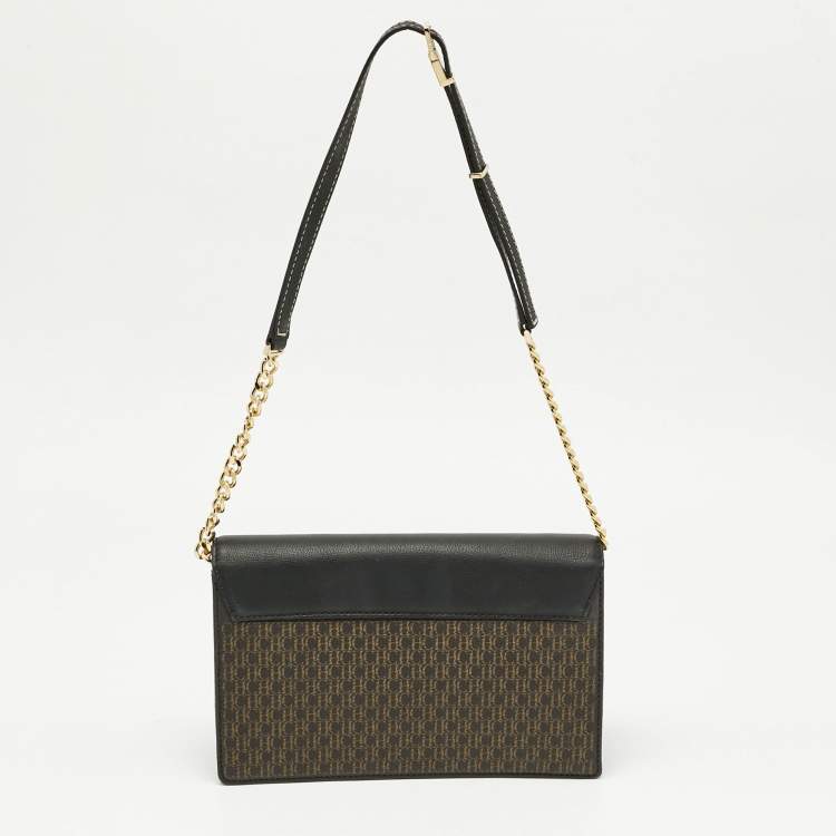 Pre Owned Carolina Herrera Black/Brown Monogram Coated Canvas and Leather CHHC Flap Shoulder Bag