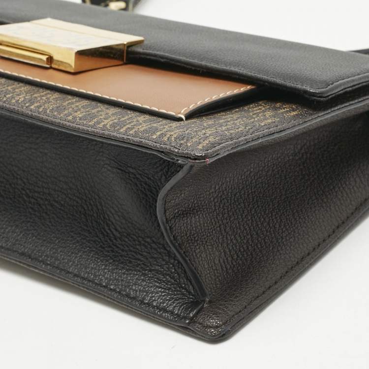 Pre Owned Carolina Herrera Black/Brown Monogram Coated Canvas and Leather CHHC Flap Shoulder Bag