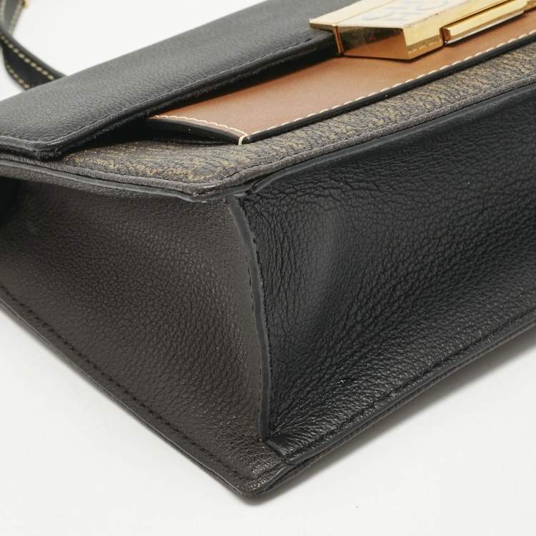 Pre Owned Carolina Herrera Black/Brown Monogram Coated Canvas and Leather CHHC Flap Shoulder Bag