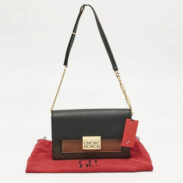 Pre Owned Carolina Herrera Black/Brown Monogram Coated Canvas and Leather CHHC Flap Shoulder Bag