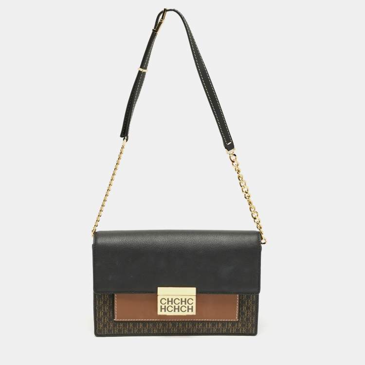 Pre Owned Carolina Herrera Black/Brown Monogram Coated Canvas and Leather CHHC Flap Shoulder Bag