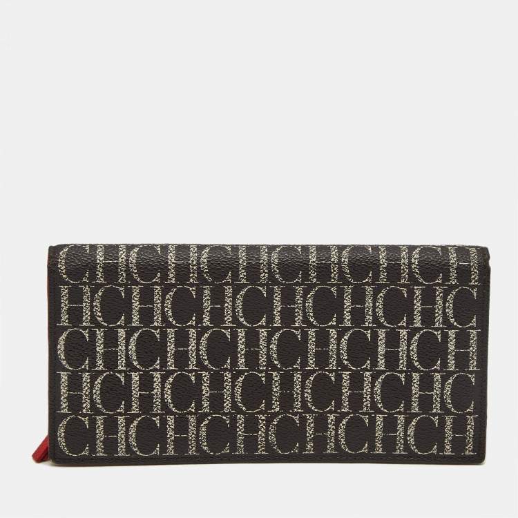 Pre Owned Carolina Herrera Brown/Red Monogram Coated Canvas Bifold Long Wallet
