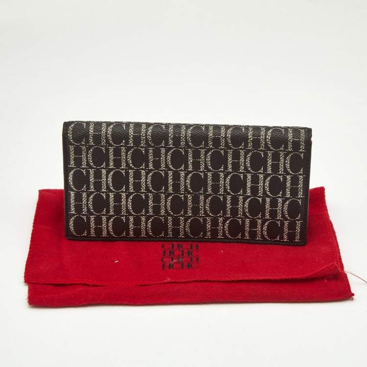 Pre Owned Carolina Herrera Brown/Red Monogram Coated Canvas Bifold Long Wallet