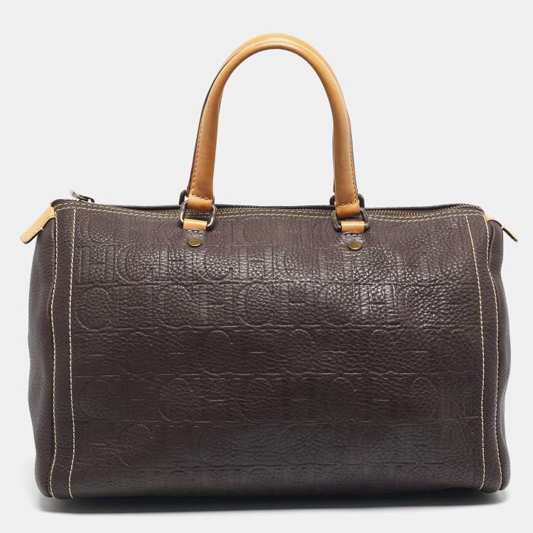 Pre Owned Carolina Herrera Dark Brown Monogram Embossed Leather Large Andy Boston Bag