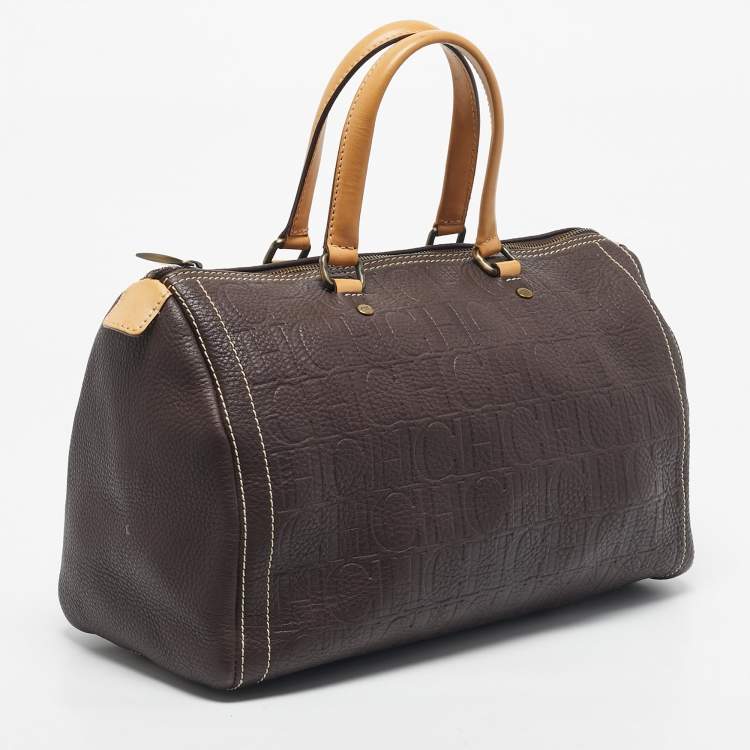 Pre Owned Carolina Herrera Dark Brown Monogram Embossed Leather Large Andy Boston Bag