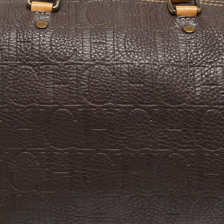 Pre Owned Carolina Herrera Dark Brown Monogram Embossed Leather Large Andy Boston Bag