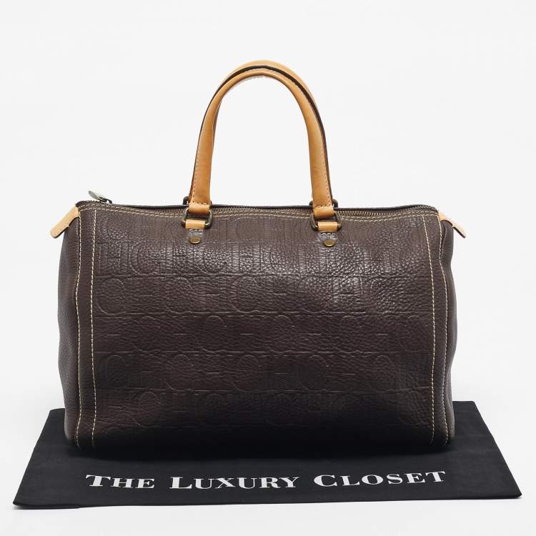 Pre Owned Carolina Herrera Dark Brown Monogram Embossed Leather Large Andy Boston Bag