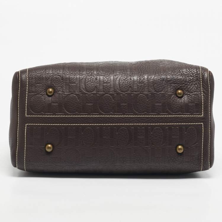 Pre Owned Carolina Herrera Dark Brown Monogram Embossed Leather Large Andy Boston Bag
